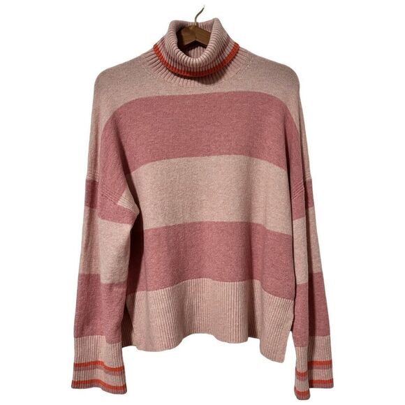 J. Crew Pink Striped Turtleneck Sweater Size L Supersoft Yarn Alpaca Wool Blend - Picture 1 of 6